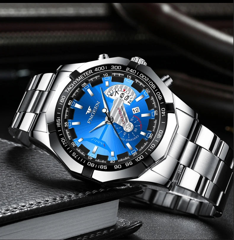 Orologio da polso al quarzo di lusso BINBOND da uomo, luminescente, impermeabile, con datario automatico, in acciaio inossidabile