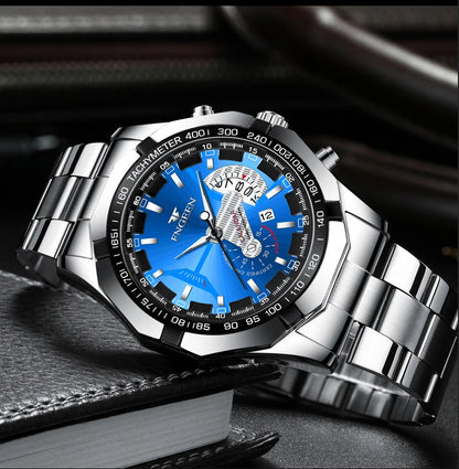 Orologio da polso al quarzo di lusso BINBOND da uomo, luminescente, impermeabile, con datario automatico, in acciaio inossidabile