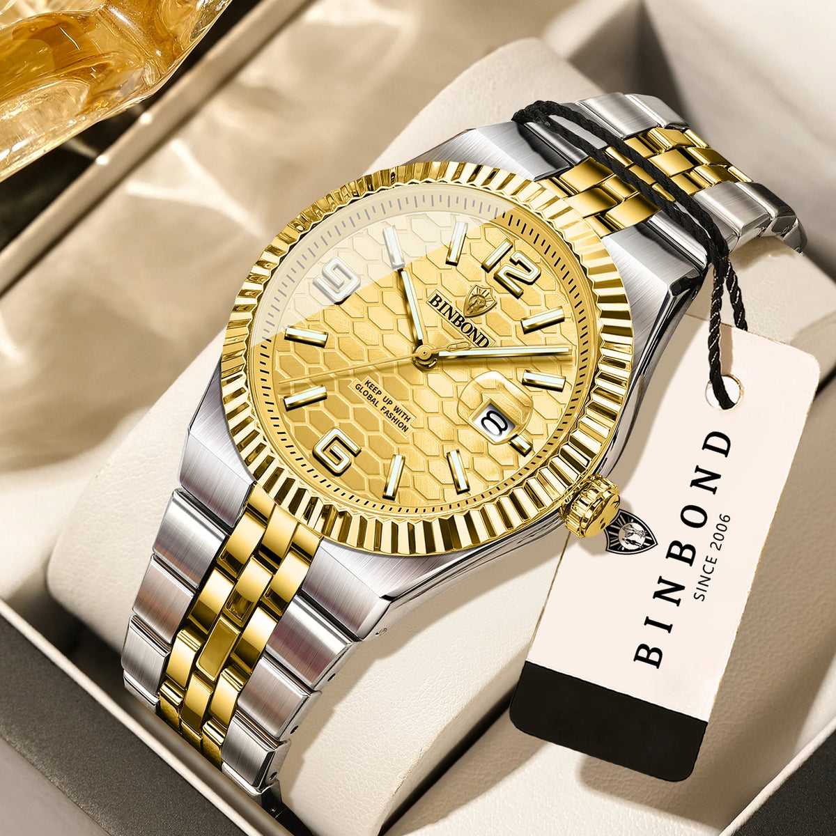 Reloj de pulsera de cuarzo de lujo BINBOND, luminiscente, resistente al agua, con fecha automática, para hombre, de acero, estilo ejecutivo, deportivo, moderno y desenfadado.