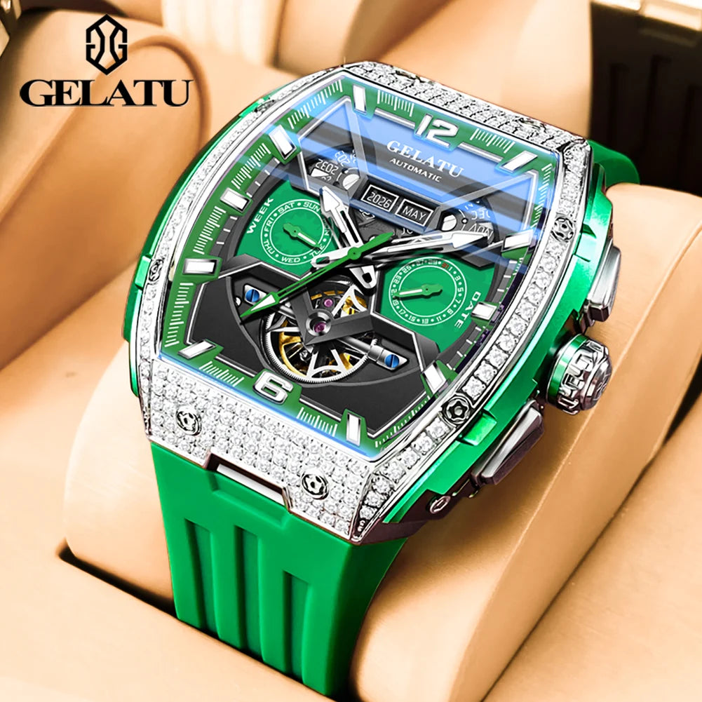 GELATU 6016 High-End Full Diamond Automatic Mechanical Watch for Men Multifunction Hollow Silicone Strap Men's Wristwatches