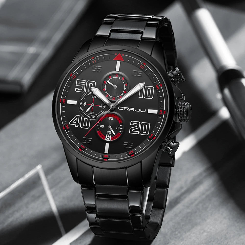 CRRJU men’s watch – Luxury chronograph, large dial, stainless steel, water-resistant, with date display