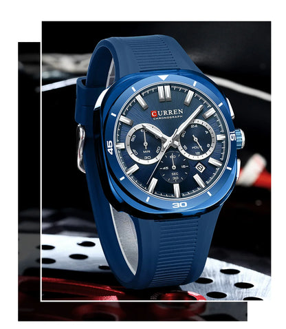 Reloj para hombre CURREN: nuevo modelo de lujo con mecanismo de cuarzo, correa de silicona, estilo deportivo, multifunción, resistente al agua, luminiscente, con indicador de fecha y cronómetro.