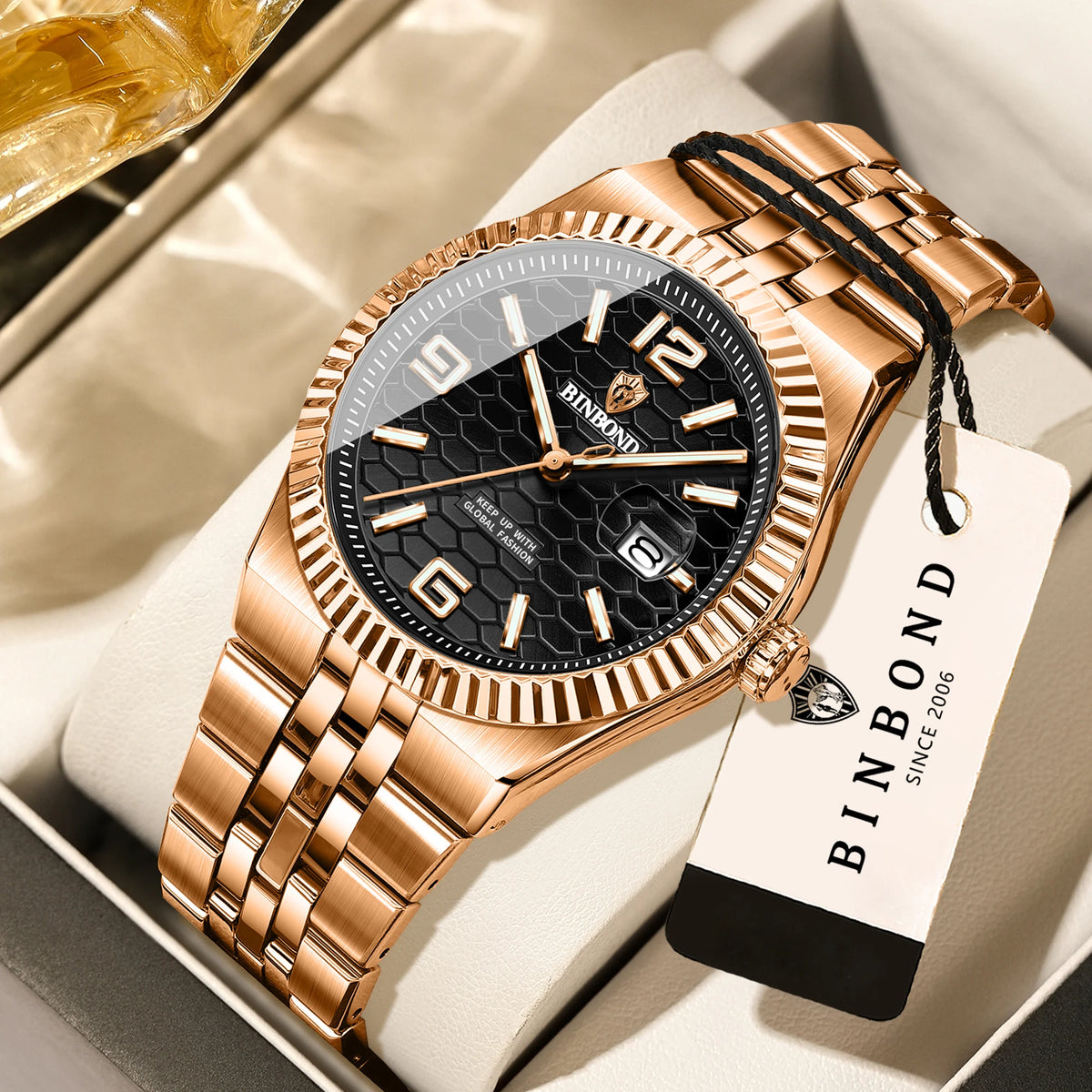Reloj de pulsera de cuarzo de lujo BINBOND, luminiscente, resistente al agua, con fecha automática, para hombre, de acero, estilo ejecutivo, deportivo, moderno y desenfadado.