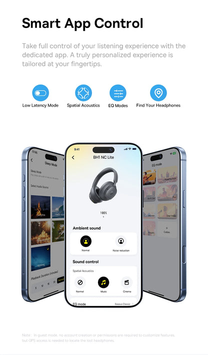 Baseus Bass EH10 NC Wireless Headphones Bluetooth 6.0 Noise Canceling 45dB Over Ear Headset Spatial Audio Earphone 80H Time