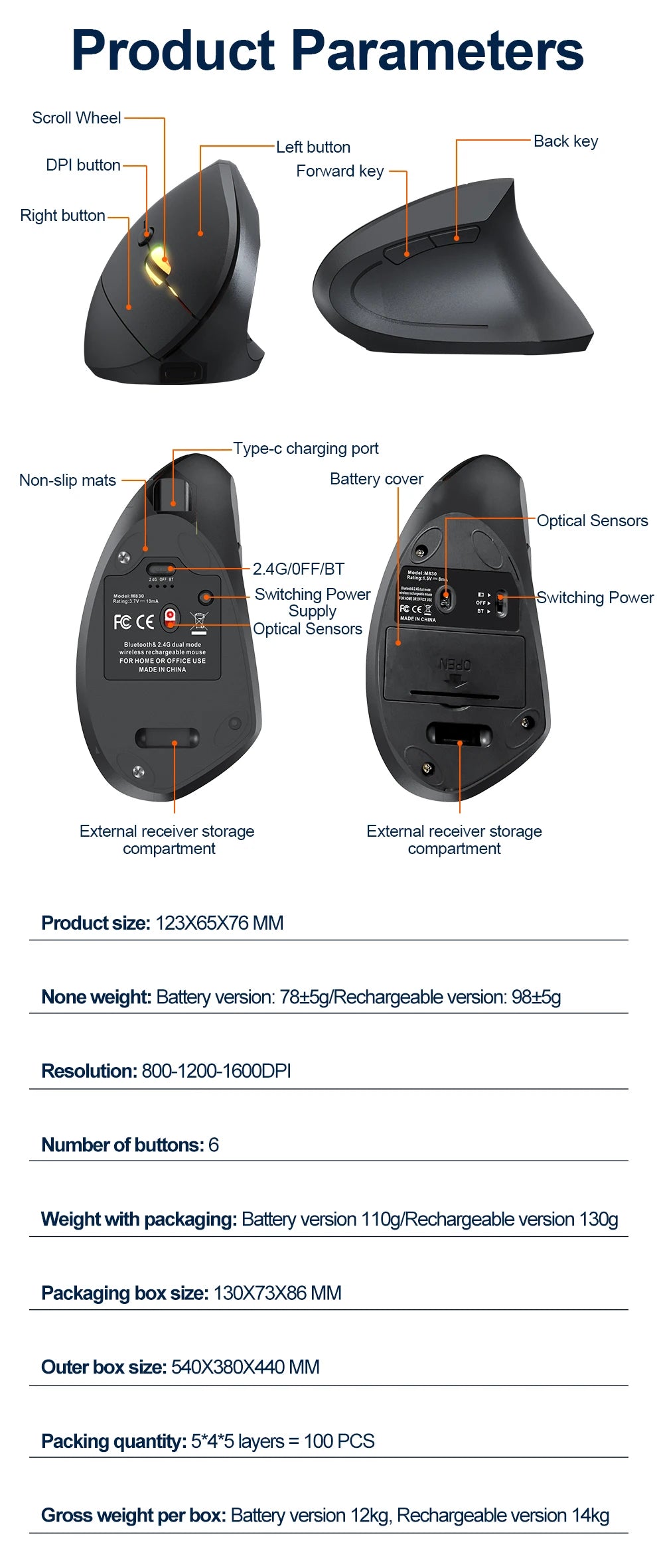 2.4G Bluetooth Wireless Vertical Mouse Rechargeable Ergonomic 1600DPI Adjustable Gaming Mouse 6Buttons for Laptop PC Computer