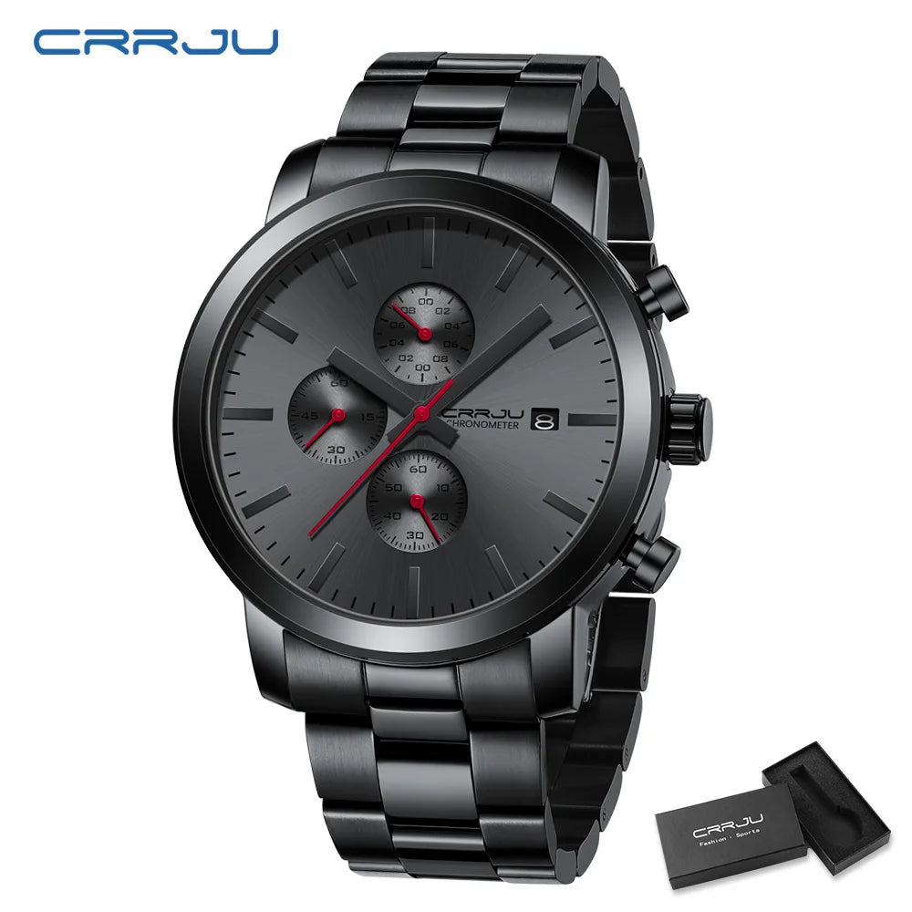 CRRJU Men’s Watch – Stainless steel chronograph, water-resistant, with date display, analogue quartz movement, elegant and professional style