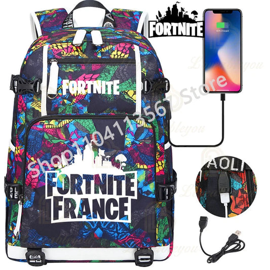 Yule Trooper F-Fortnited Battle Royale Rucksack mit USB-Ladeanschluss, Anime-Figuren, Lern- und Schreibwarenfach für Schüler