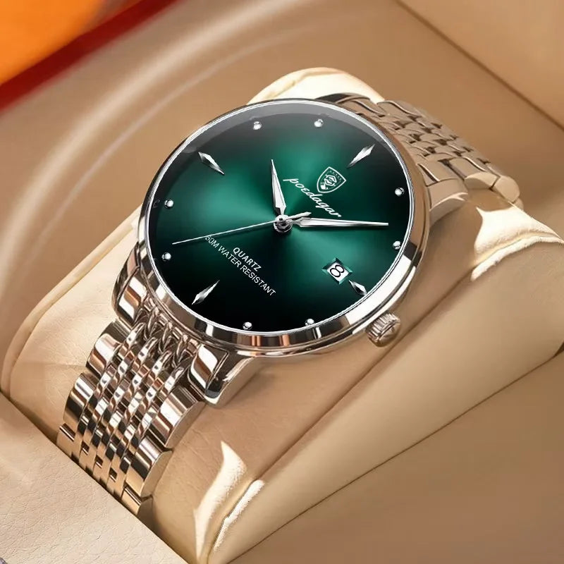 Relógio de pulso masculino POEDAGAR Business Quartz, aço inoxidável, resistente à água, data iluminada, relógio de pulso de luxo casual para homem