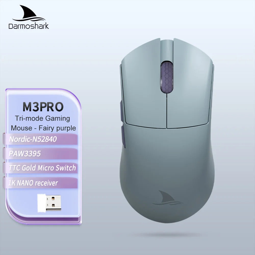Геймърска мишка Darmoshark M3Pro 2.4G BT безжична Tri-Mode, сензор PAW3395, N52840, 26000DPI, за голяма ръка, макро драйвер, мишка за игри