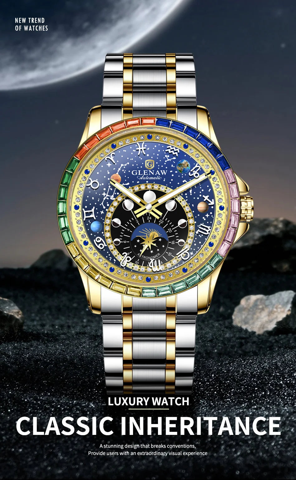 GLENAW Watches Original Design Diamond Constellation Rotating Dial Stainless Steel Luxury Men's Automatic Mechanical Watch P8719