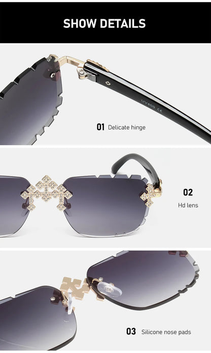 2025 Fashion Square Rimless Sunglasses For Women Cross Diamond Metal Frame Luxury Eyewear Cut Lens UV400 Shades Sun Glasses
