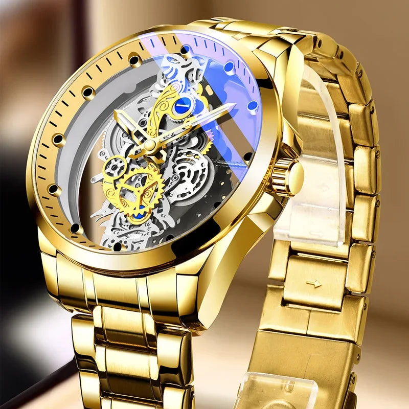 Orologio di tendenza da uomo, modello a doppia apertura, stile di lusso dorato, finto tourbillon meccanico, movimento al quarzo.