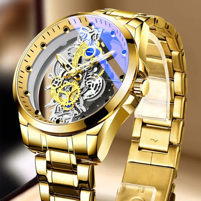 Orologio di tendenza da uomo, modello a doppia apertura, stile di lusso dorato, finto tourbillon meccanico, movimento al quarzo.