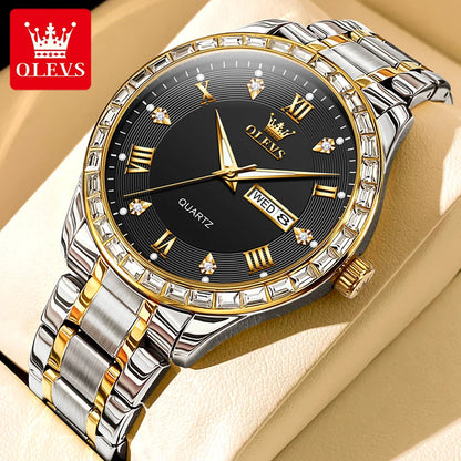Montre à quartz pour homme OLEVS 9906, modèle carré orné de diamants, bracelet en acier inoxydable, étanche, avec double calendrier; une montre-bracelet de luxe, originale, idéale pour le milieu professionnel.