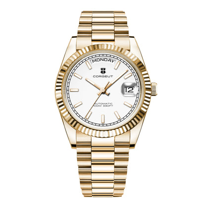 Reloj mecánico CORGEUT NH36 para hombre con indicador de día y fecha, brazalete President, caja de acero, bisel arqueado roscado, waterp