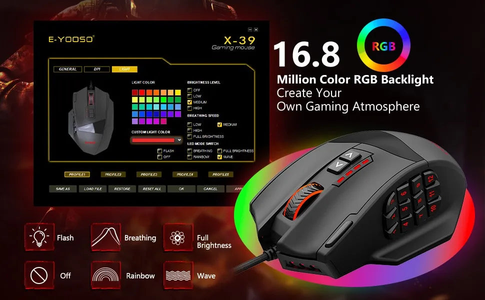 E-YOOSO X-39 Programmable Gaming Mouse, Wired RGB Mouse with 18 Buttons, 8 Removable Weights, 5 DPI, Ergonomic Grip for Computer