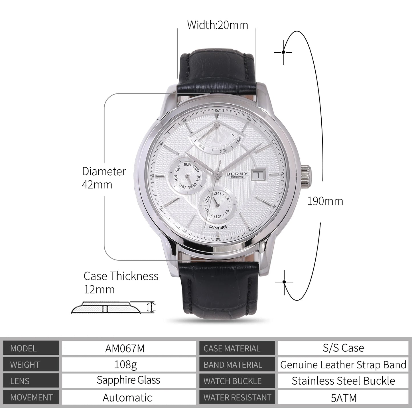 BERNY Luxury Automatic Mechanical Watch for Men Calendar Sapphire MIYOTA 9110 Dress Business Wristwatch High-end Men's Watches
