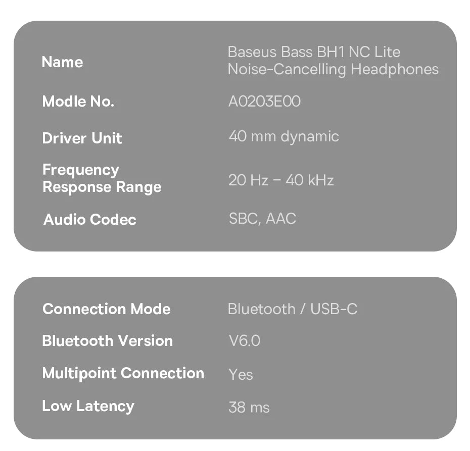 Baseus Bass EH10 NC Wireless Headphones Bluetooth 6.0 Noise Canceling 45dB Over Ear Headset Spatial Audio Earphone 80H Time