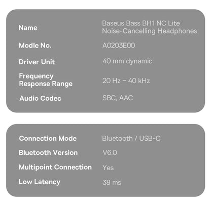 Baseus Bass EH10 NC Wireless Headphones Bluetooth 6.0 Noise Canceling 45dB Over Ear Headset Spatial Audio Earphone 80H Time