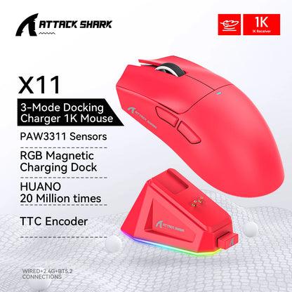 Attack Shark X11&R1 Tri-Mode Bluetooth trådløs mus med opladningsbase, RGB, ergonomisk letvægtsmus, PC-gamer-tilbehør