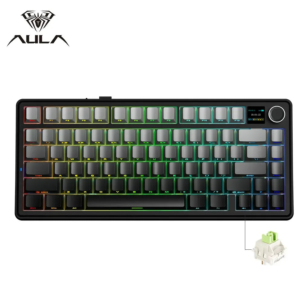 Teclado mecánico gaming AULA F75 MAX 2.4G inalámbrico/BT/con cable, Hot-Swap RGB, 75%, 81 teclas, teclado de oficina con pantalla TFT