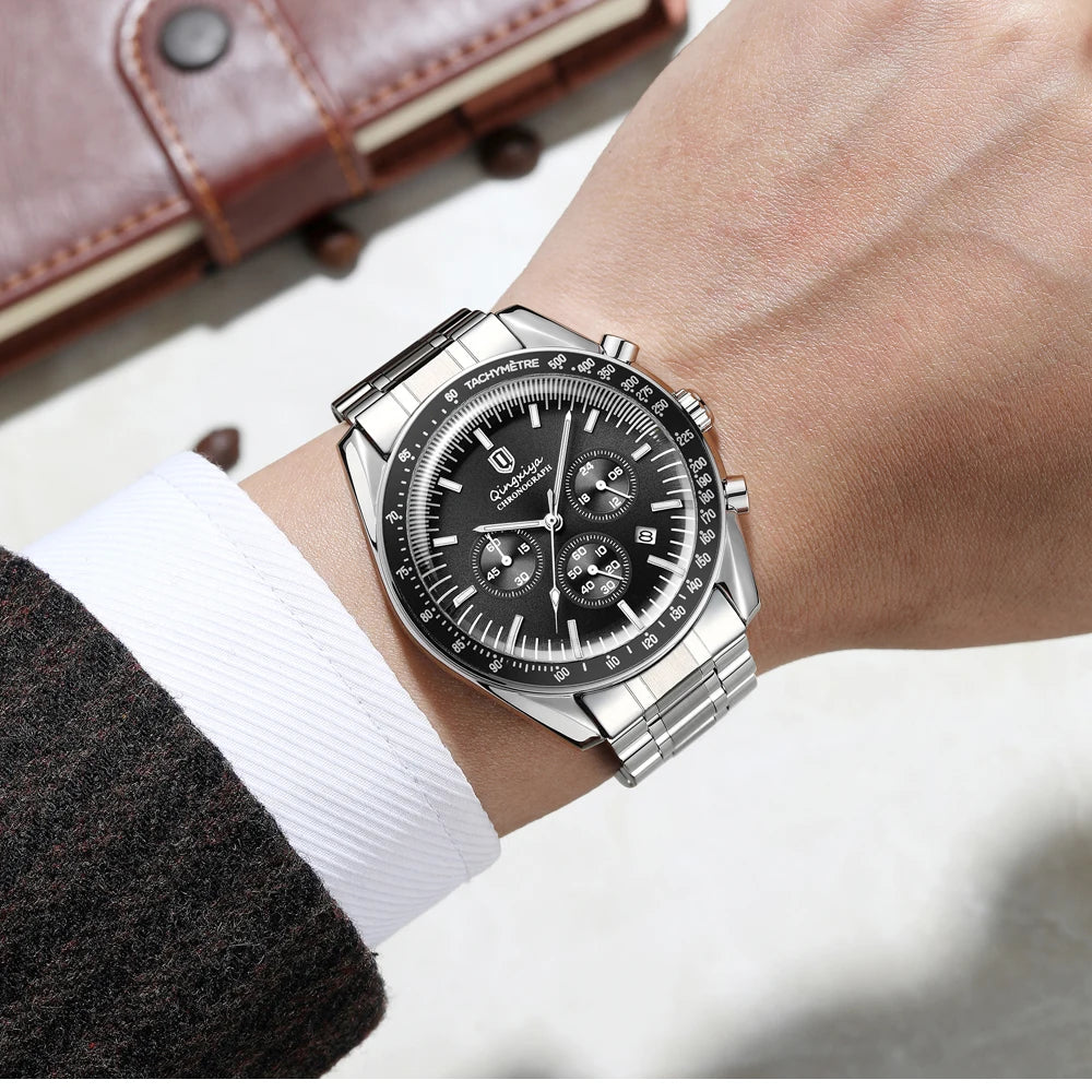 Montre à quartz pour homme, de marque de luxe, étanche et luminescente, en acier inoxydable, dotée d'un chronographe 24 heures et d'un affichage de la date – Montre élégante pour homme