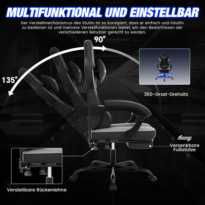Gaming-Stuhl mit Fußstütze, ergonomischer Gamer-Stuhl mit Lendenkissen und Kopfstütze, höhenverstellbarer Computerstuhl