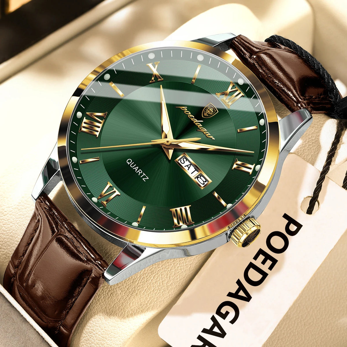 Trendy POEDAGAR men’s watch, leather strap, date and day display, luxury quartz watch, water-resistant, luminous, casual business style.