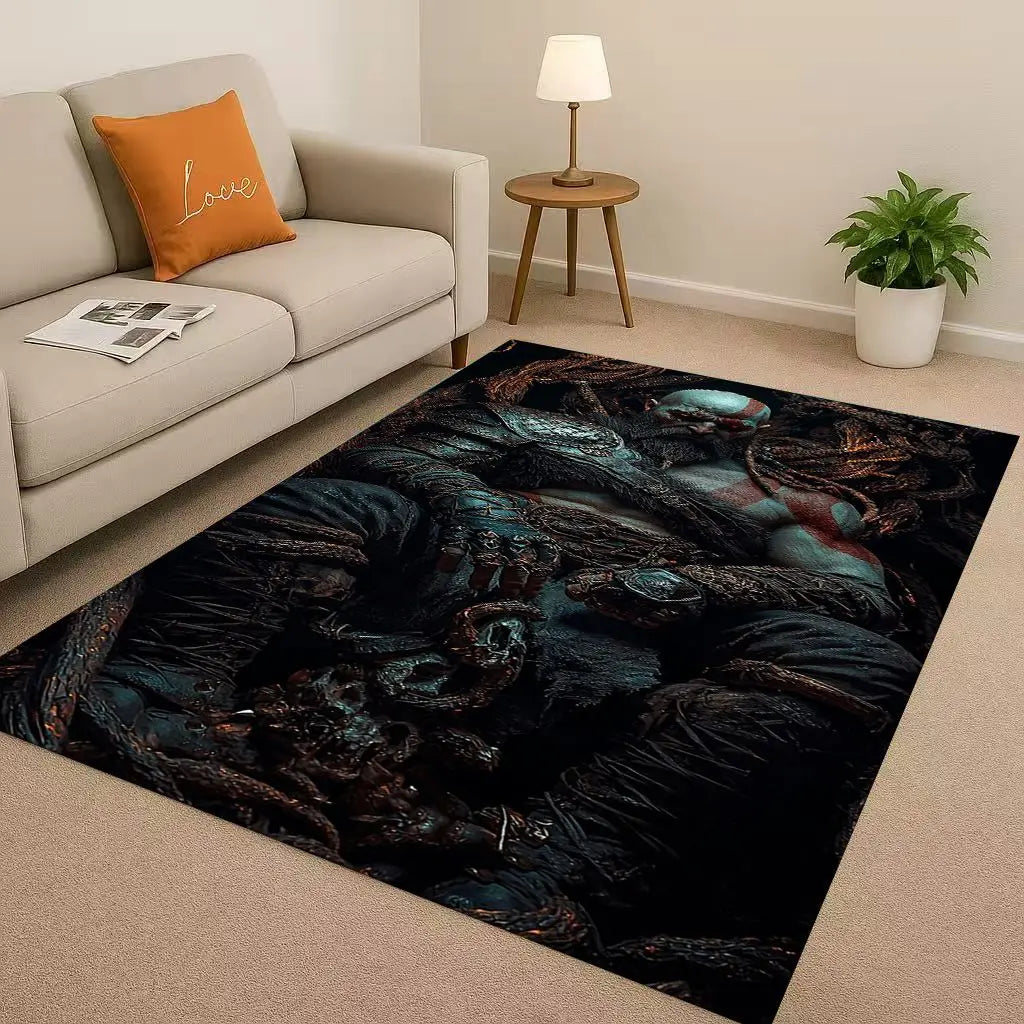 Game God of War Kratos Cartoon Gamer Living Room Non-Slip Area Rug Soft Carpet for Bedroom Playroom Sofa,Easy Clean Home Doormat