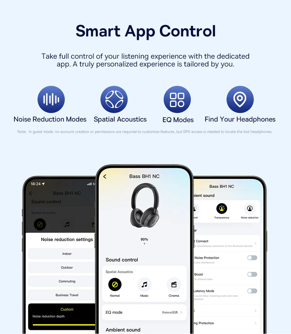 Baseus Bass EH10 NC Wireless Headphones Bluetooth 6.0 Noise Canceling 45dB Over Ear Headset Spatial Audio Earphone 80H Time