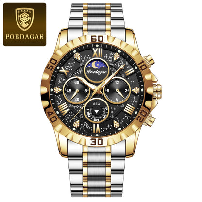 Montre pour homme POEDAGAR – Chronographe de luxe, étanche et luminescent, en acier inoxydable, style sportif et militaire, à mouvement à quartz