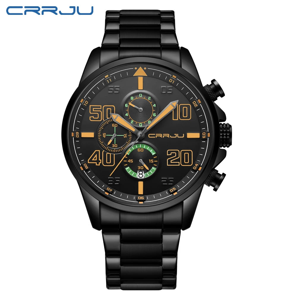CRRJU men’s watch – Luxury chronograph, large dial, stainless steel, water-resistant, with date display