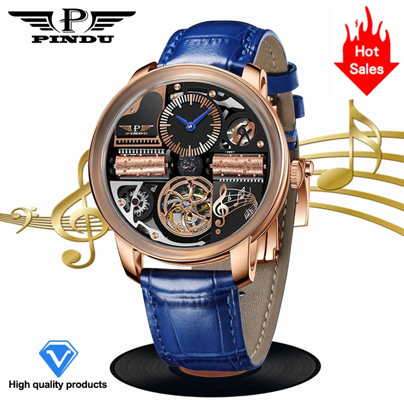 2025 NEW PINDU Design Music Series Machinery Watch Men Movement Stainless Steel Sapphire Glass Top Luxury Automatic Watch Hollow