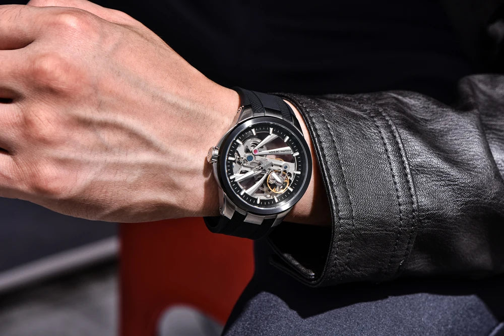 PAGANI DESIGN men’s watch – Luxury automatic mechanical model, ‘skeleton’ (open-heart) style, featuring a tourbillon, sapphire crystal with anti-reflective coating, water-resistant and luminescent.