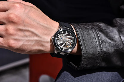 PAGANI DESIGN men’s watch – Luxury automatic mechanical model, ‘skeleton’ (open-heart) style, featuring a tourbillon, sapphire crystal with anti-reflective coating, water-resistant and luminescent.