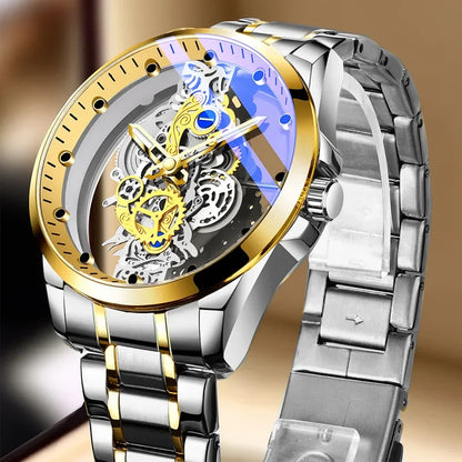 Orologio di tendenza da uomo, modello a doppia apertura, stile di lusso dorato, finto tourbillon meccanico, movimento al quarzo.