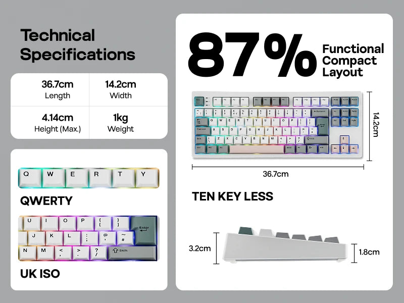 Teclado mecánico EPOMAKER TH87 con distribución ISO-UK TKL, con cable/BT/inalámbrico 2.4Ghz, NKRO, batería de 10000mAh y luz RGB