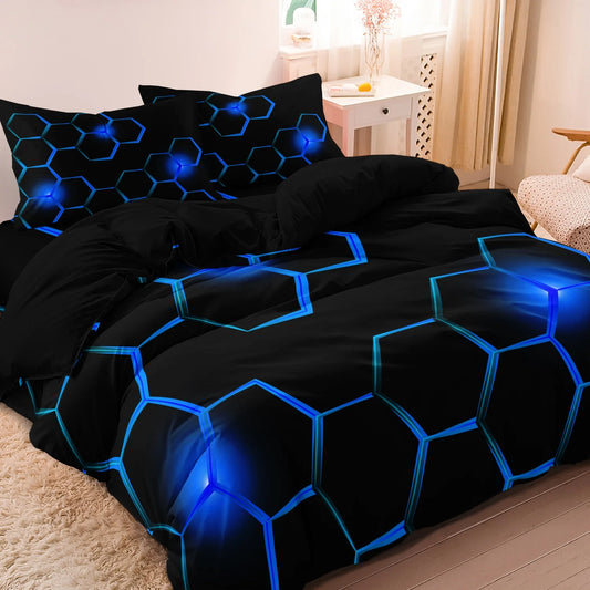 3pcs Geometric 3D Hexagonal Honeycomb Pattern Duvet Cover Set, Digital Print Colorful Polyester Bedding with Zipper Closure