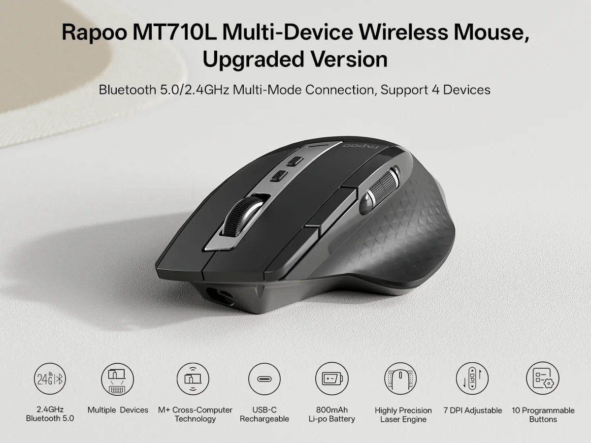 Rapoo 2026 New MT710L Multi-mode Rechargeable Wireless Mouse Ergonomic 4000 DPI Bluetooth Mouse Easy-Switch Up to 4 Devices