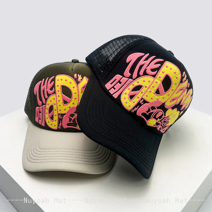 Șepci de baseball unisex interesante, cu litere imprimate 3D, cu parasolar, cu motive de desene animate, respirabile, cu blocuri de culori, șepci de camionagiu din plasă, versatile