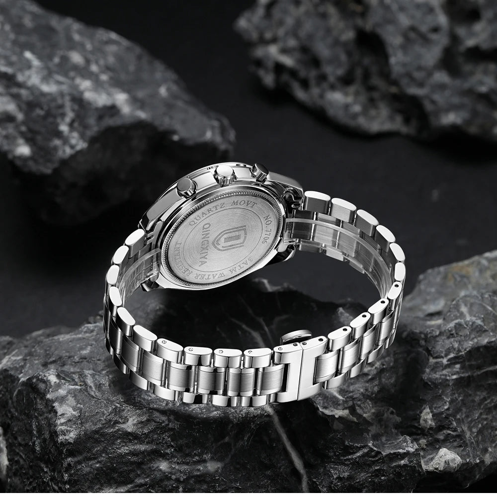 Montre à quartz pour homme, de marque de luxe, étanche et luminescente, en acier inoxydable, dotée d'un chronographe 24 heures et d'un affichage de la date – Montre élégante pour homme