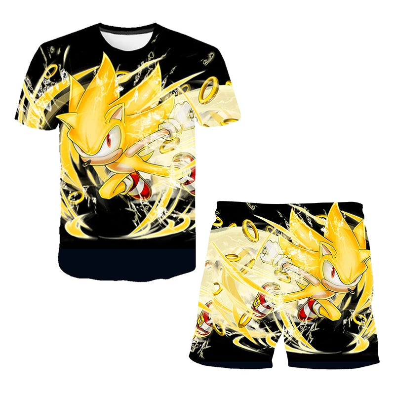 2026 Sonic The Hedgehog 3D T-shirt Set for Boys and Girls: Cute Summer Top + Shorts - Children's Short-Sleeve Birthday Gift