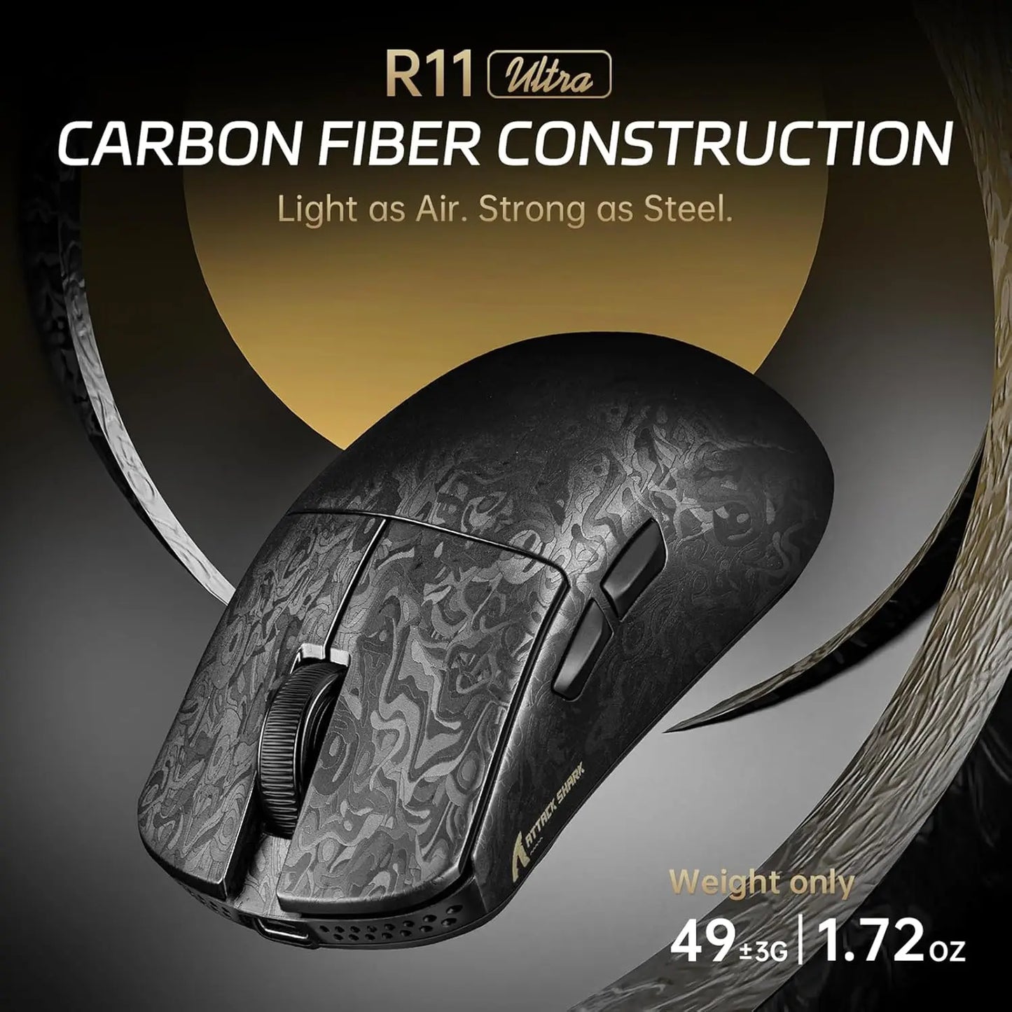 ATTACK SHARK R11 ULTRA 49g Carbon Fiber 8000Hz Ασύρματο Gaming Ποντίκι, 42000 DPI, 20000 FPS, PAW3950MAX, Nordic 52840 Chip