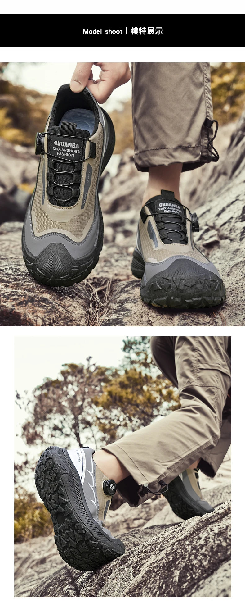 Rotary Buckle Men's Trekking Sneakers Outdoor Platform Hiking Shoes Men Sports Shoes Comfortable Non-slip Climbing Walking Shoes