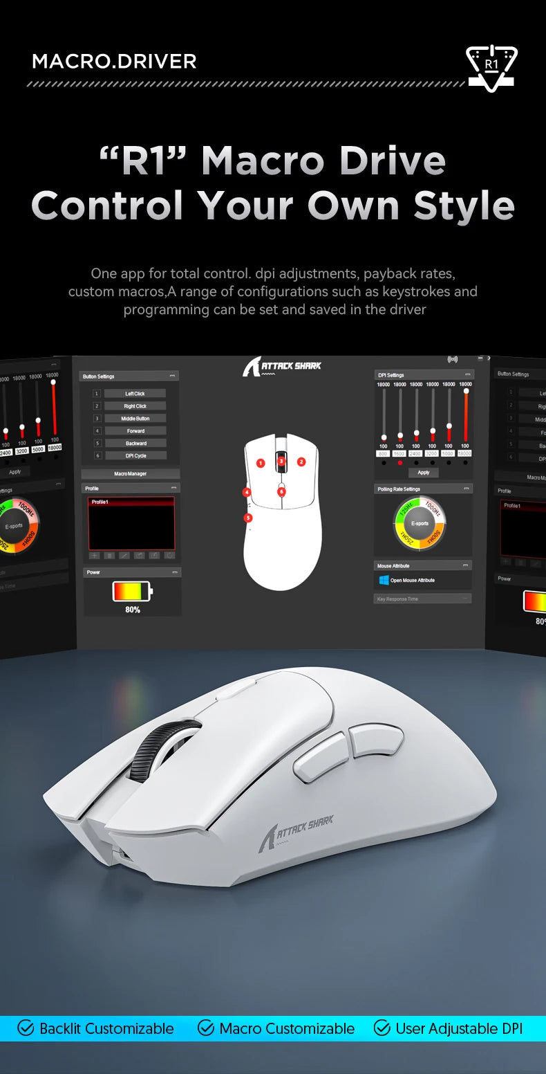 Mysz Bluetooth ATTACK SHARK R1 – viralowa mysz recenzowana przez influencerów, oryginalna prosto od marki, sensor PAW3311 z 1K Hz do gamingu