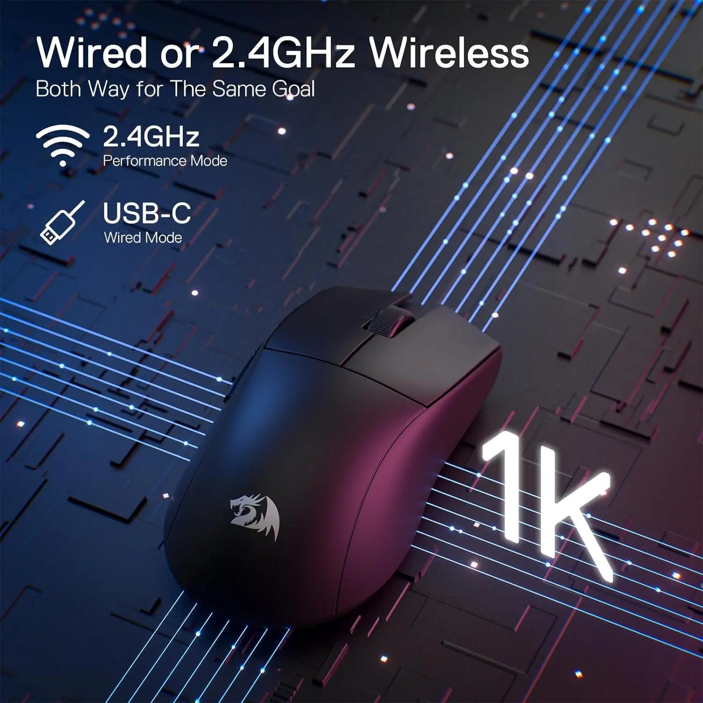 Redragon M916 trådløs gamermus, 49G ultralet 8K DPI 2.4G trådløs gamingmus med ergonomisk, naturligt greb