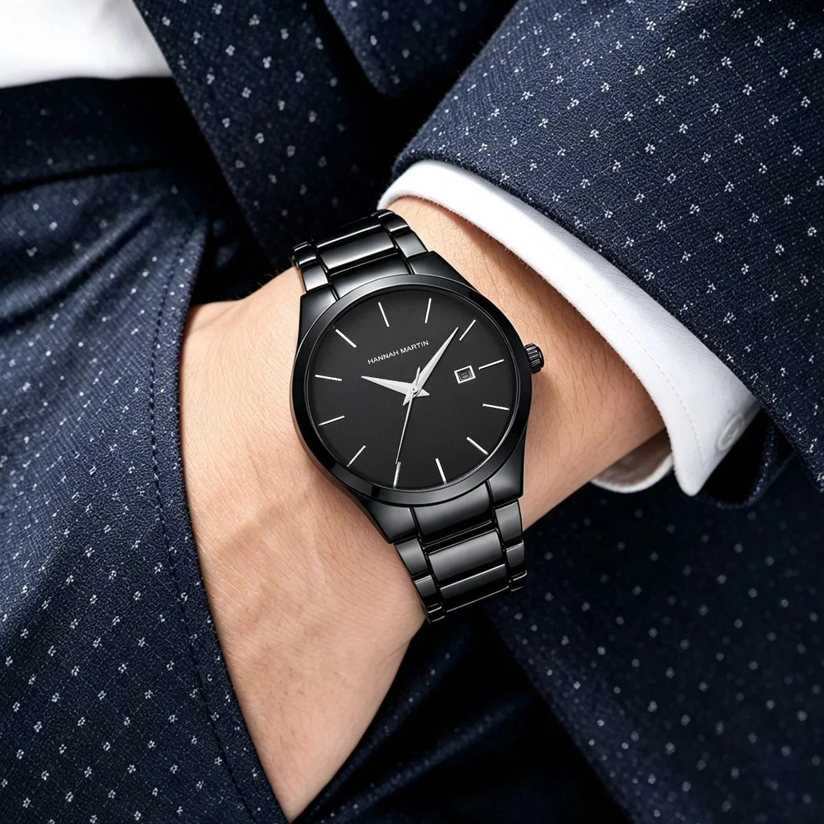 Hannah Martin herreur, rustfrit stålhus, kvartsurværk, urskive på 41 mm, professionelt design, med kalenderfunktion (imitation)