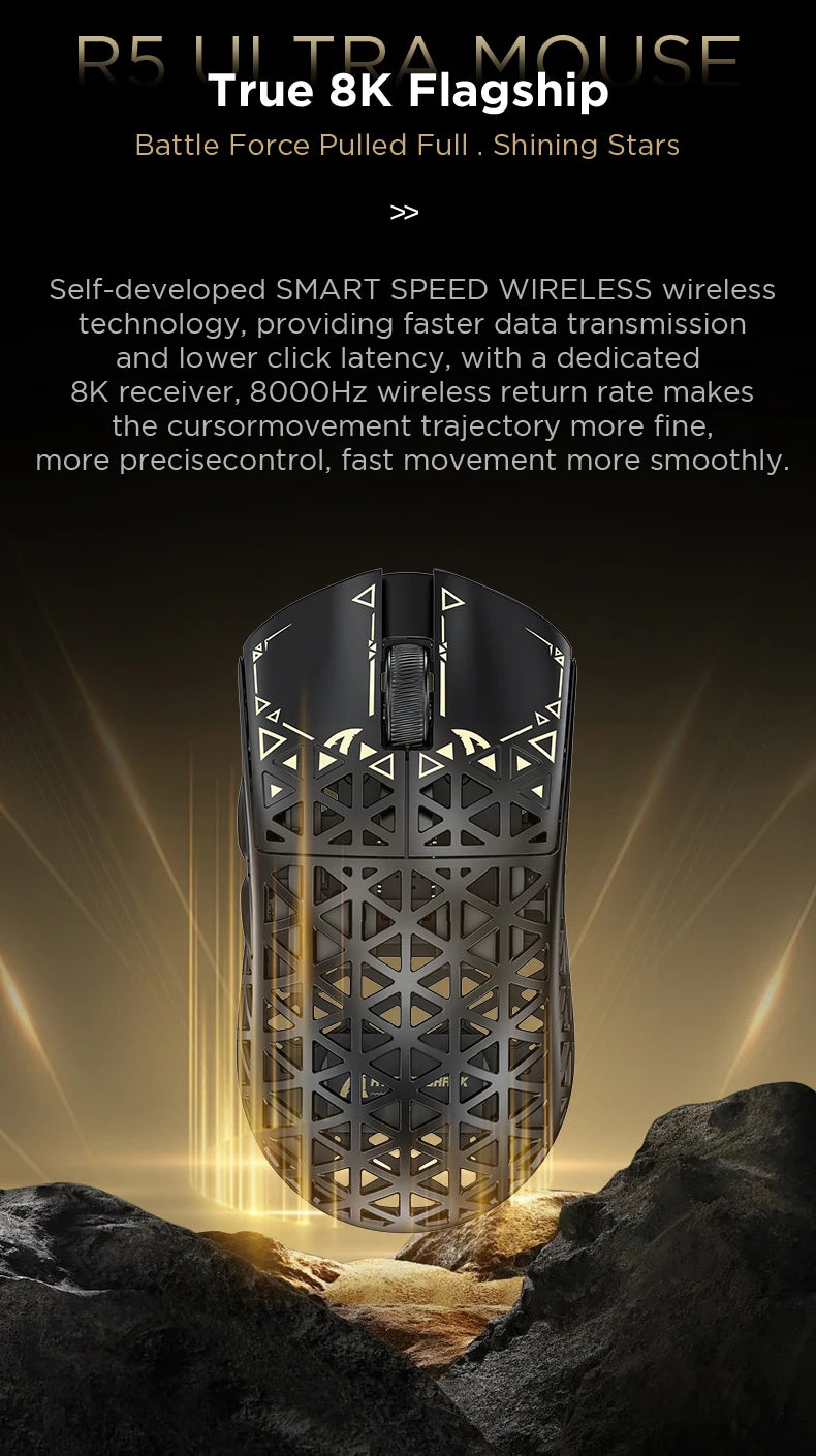Ratón gaming inalámbrico ATTACK SHARK R5 ULTRA - sondeo 8K, sensor PAW3950MAX, 42,000 DPI, fibra de carbono ultraligera para esports profesionales
