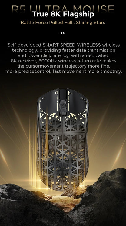Ratón gaming inalámbrico ATTACK SHARK R5 ULTRA - sondeo 8K, sensor PAW3950MAX, 42,000 DPI, fibra de carbono ultraligera para esports profesionales
