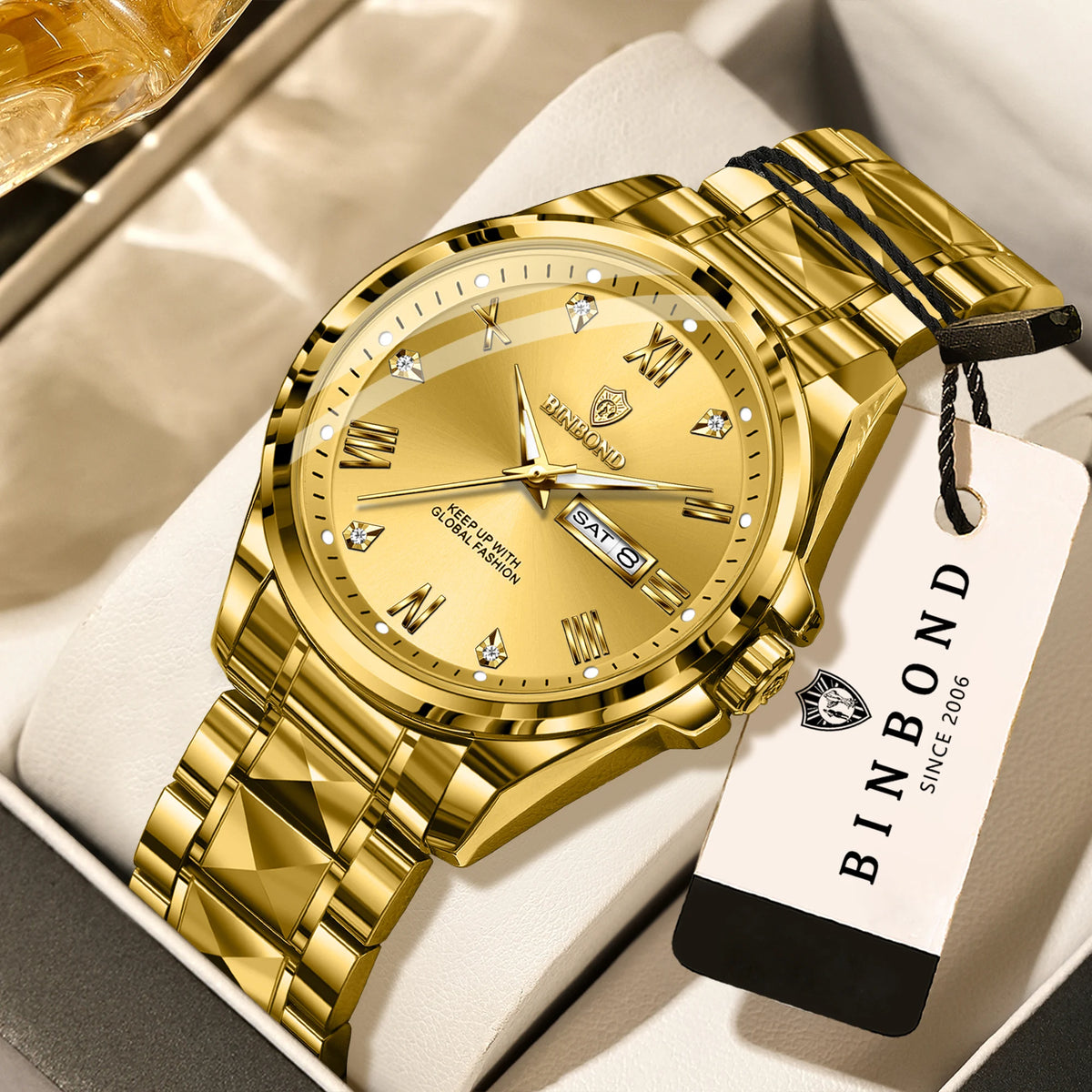 Montre-bracelet à quartz pour homme BINBOND – Style professionnel, luxueuse, lumineuse, robuste et durable, étanche, avec affichage automatique de la date et du jour de la semaine.